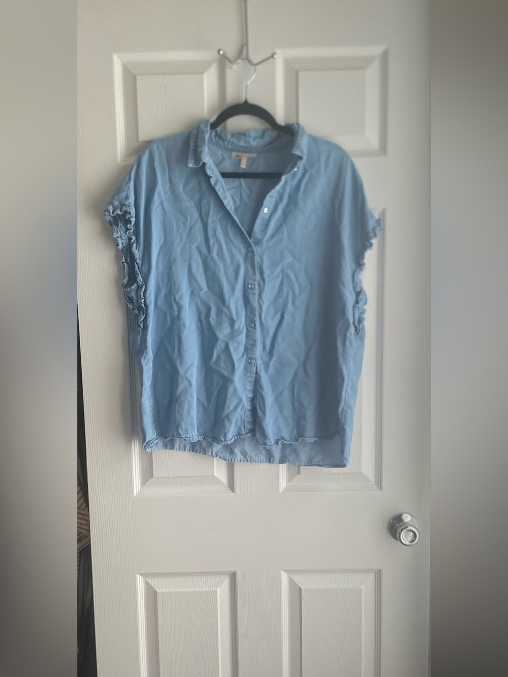 Light Blue Button-Front Women's Shirt with Ruffle Trim